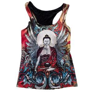 KOS USA Buddha Graphic Angel Wings Racerback Athletic Tank Top M Tattoo Art Y2K
